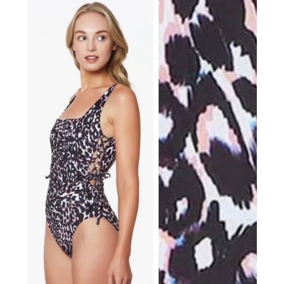 Sanctuary Leopard Stay Cool Lace Up One Piece Swim Suit S NWT - Picture 2 of 5